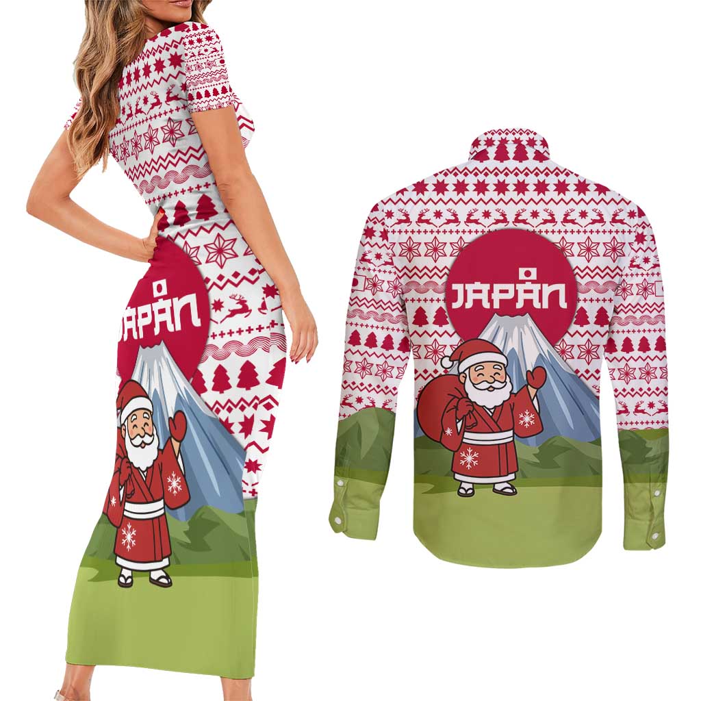 Japan Christmas Couples Matching Short Sleeve Bodycon Dress and Long Sleeve Button Shirt with Santa Mount Fuji Rising Sun and Festive Pattern Design - Wonder Print Shop