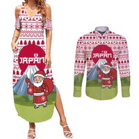 Japan Christmas Couples Matching Summer Maxi Dress and Long Sleeve Button Shirt with Santa Mount Fuji Rising Sun and Festive Pattern Design - Wonder Print Shop