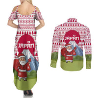 Japan Christmas Couples Matching Summer Maxi Dress and Long Sleeve Button Shirt with Santa Mount Fuji Rising Sun and Festive Pattern Design - Wonder Print Shop