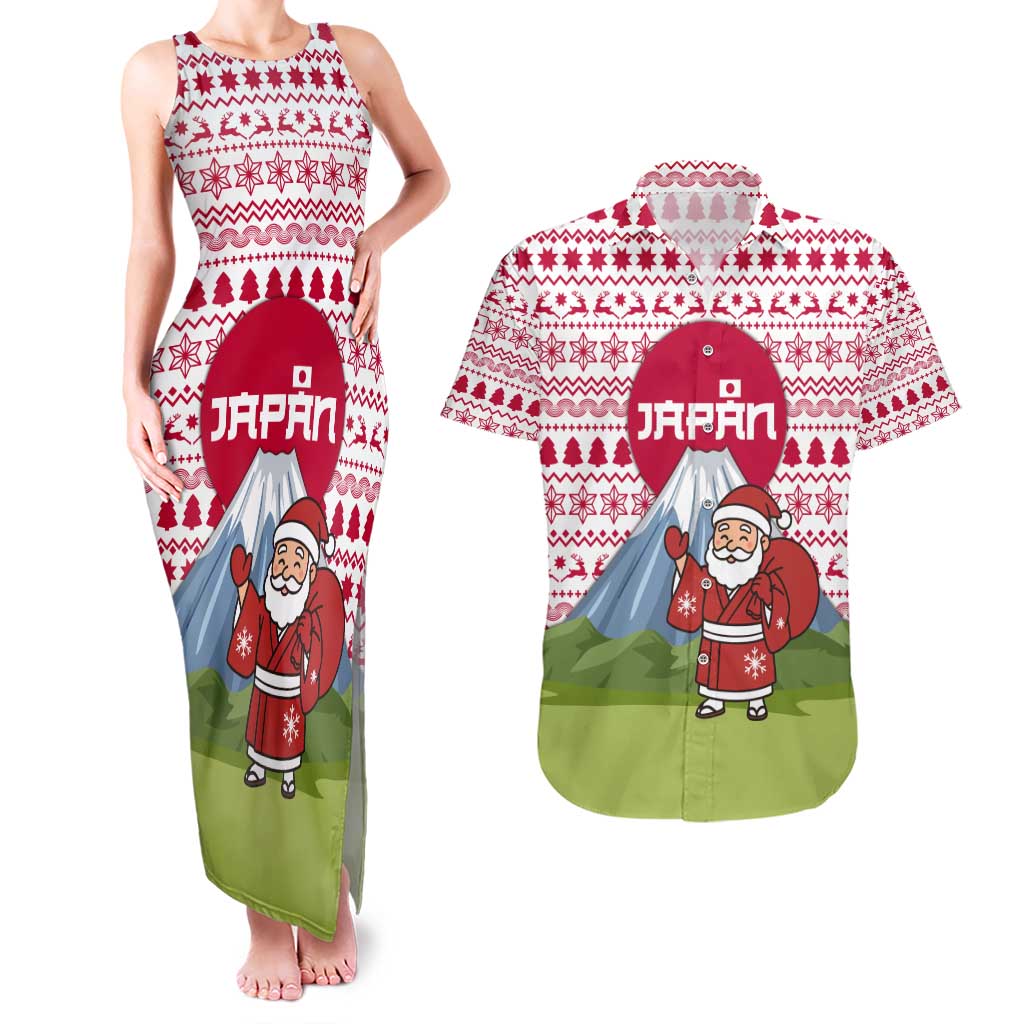 Japan Christmas Couples Matching Tank Maxi Dress and Hawaiian Shirt with Santa Mount Fuji Rising Sun and Festive Pattern Design - Wonder Print Shop
