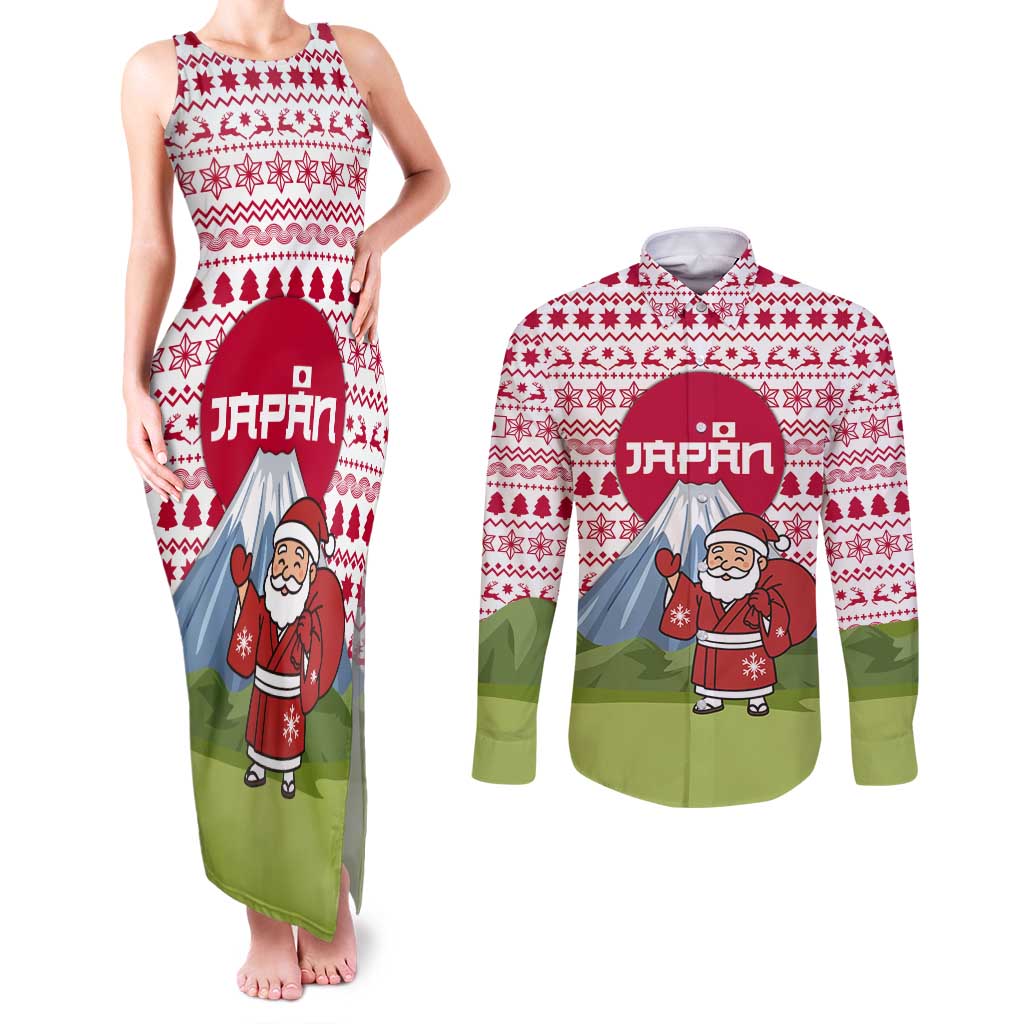 Japan Christmas Couples Matching Tank Maxi Dress and Long Sleeve Button Shirt with Santa Mount Fuji Rising Sun and Festive Pattern Design - Wonder Print Shop