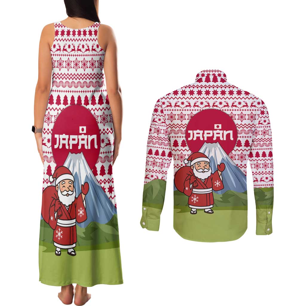 Japan Christmas Couples Matching Tank Maxi Dress and Long Sleeve Button Shirt with Santa Mount Fuji Rising Sun and Festive Pattern Design - Wonder Print Shop