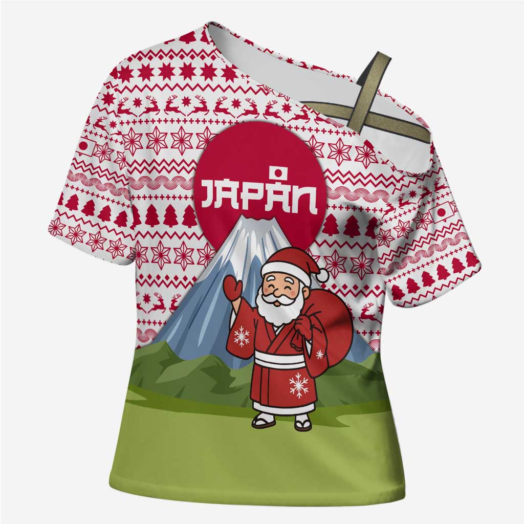 Japan Christmas Cross Shoulder Shirt with Santa Mount Fuji Rising Sun and Festive Pattern Design - Wonder Print Shop