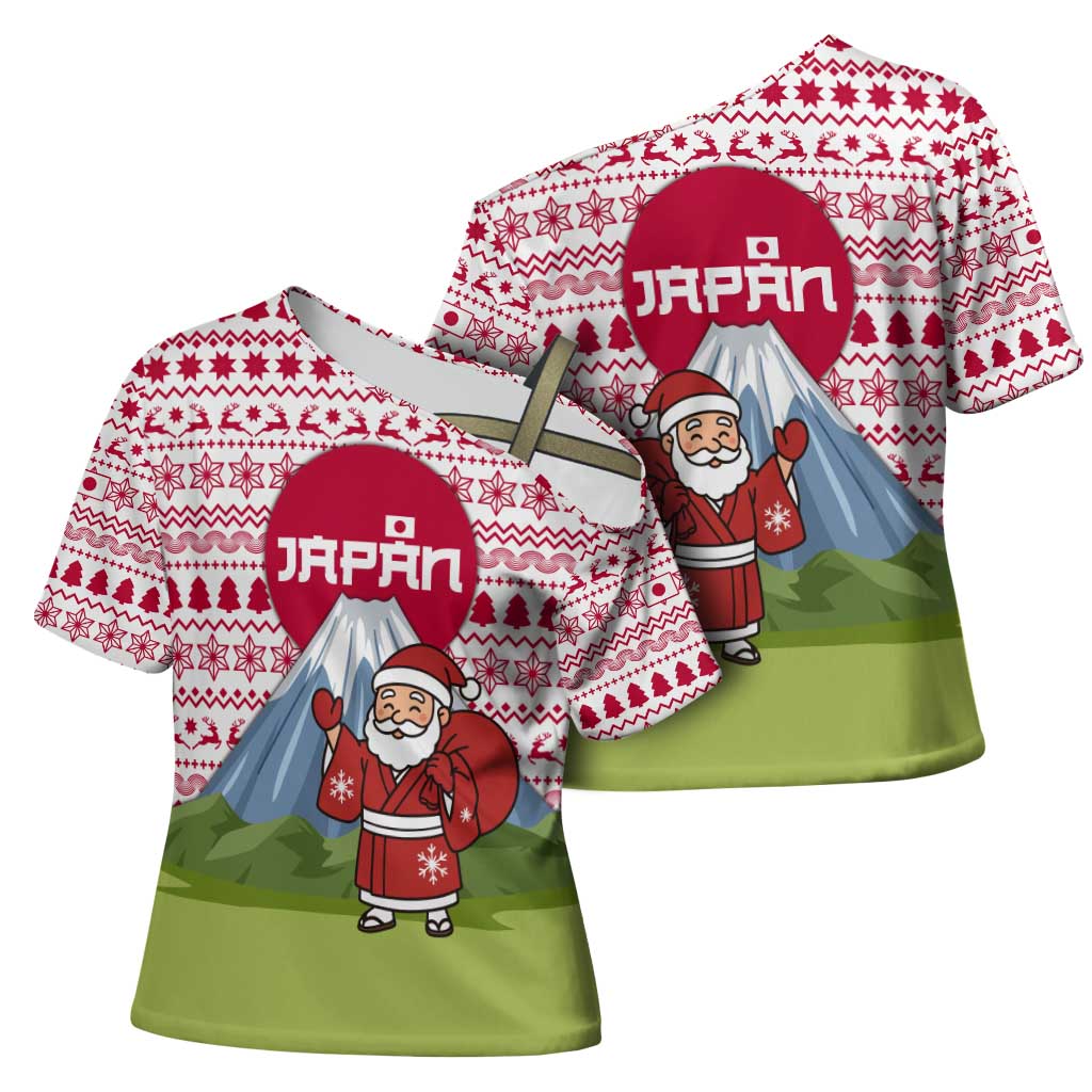 Japan Christmas Cross Shoulder Shirt with Santa Mount Fuji Rising Sun and Festive Pattern Design - Wonder Print Shop