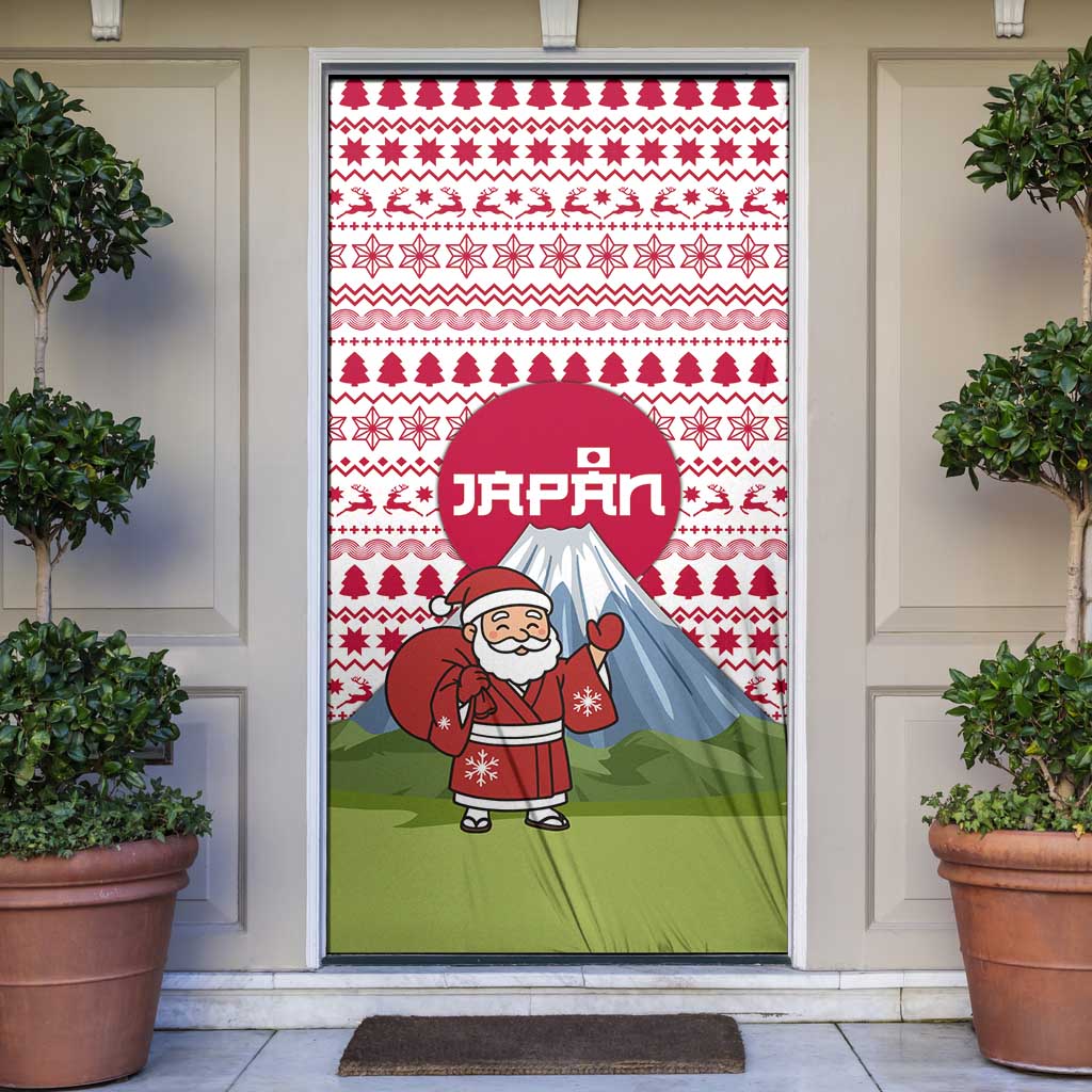 Japan Christmas Door Cover with Santa Mount Fuji Rising Sun and Festive Pattern Design - Wonder Print Shop