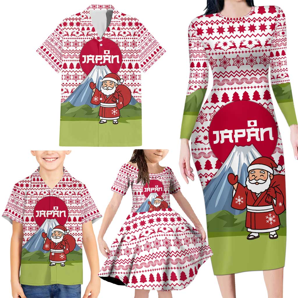 Japan Christmas Family Matching Long Sleeve Bodycon Dress and Hawaiian Shirt with Santa Mount Fuji Rising Sun and Festive Pattern Design - Wonder Print Shop