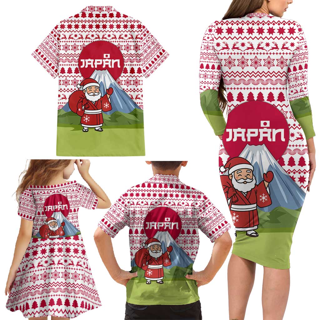 Japan Christmas Family Matching Long Sleeve Bodycon Dress and Hawaiian Shirt with Santa Mount Fuji Rising Sun and Festive Pattern Design - Wonder Print Shop
