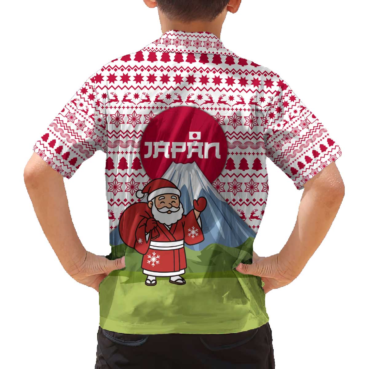 Japan Christmas Family Matching Off The Shoulder Long Sleeve Dress and Hawaiian Shirt with Santa Mount Fuji Rising Sun and Festive Pattern Design - Wonder Print Shop