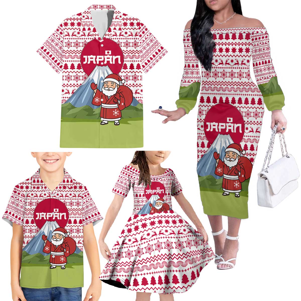 Japan Christmas Family Matching Off The Shoulder Long Sleeve Dress and Hawaiian Shirt with Santa Mount Fuji Rising Sun and Festive Pattern Design - Wonder Print Shop