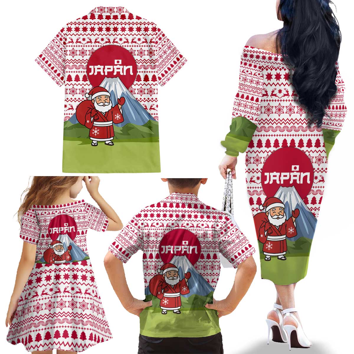 Japan Christmas Family Matching Off The Shoulder Long Sleeve Dress and Hawaiian Shirt with Santa Mount Fuji Rising Sun and Festive Pattern Design - Wonder Print Shop