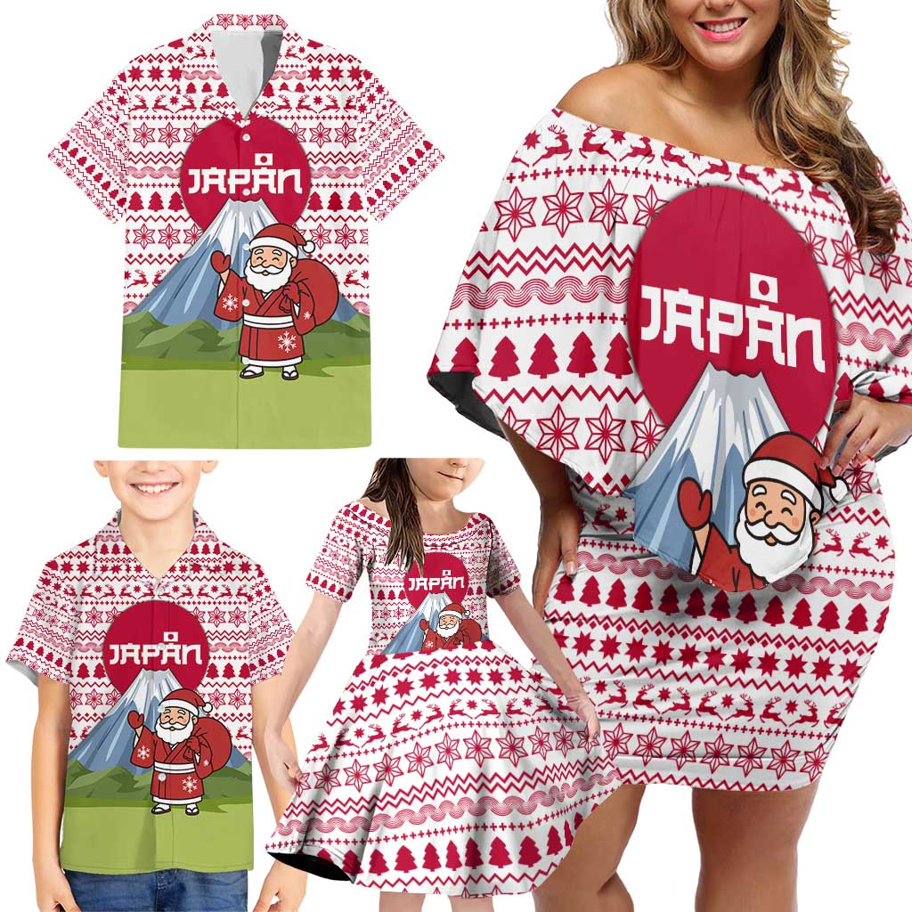 Japan Christmas Family Matching Off Shoulder Short Dress and Hawaiian Shirt with Santa Mount Fuji Rising Sun and Festive Pattern Design - Wonder Print Shop