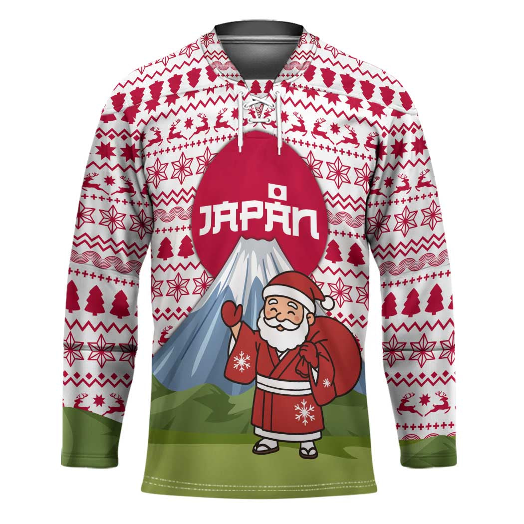 Japan Christmas Hockey Jersey with Santa Mount Fuji Rising Sun and Festive Pattern Design - Wonder Print Shop