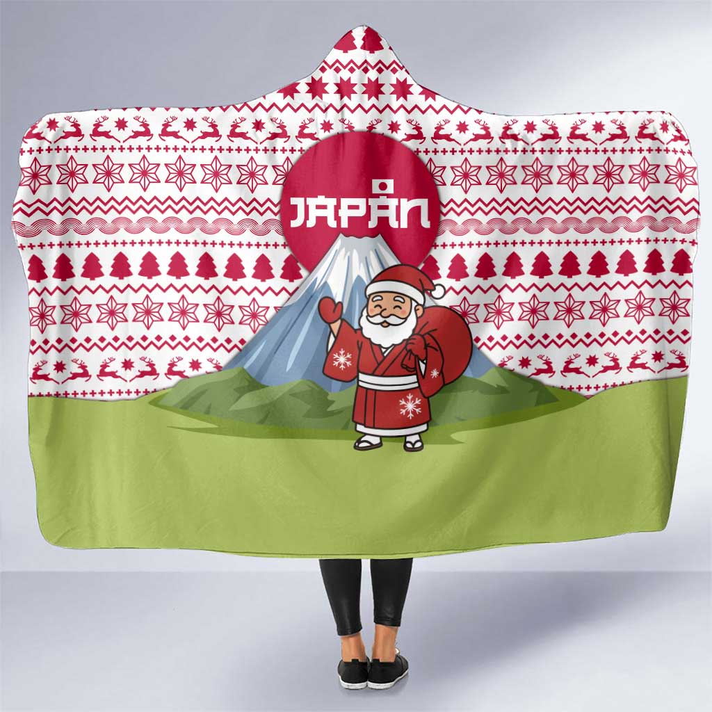 Japan Christmas Hooded Blanket with Santa Mount Fuji Rising Sun and Festive Pattern Design - Wonder Print Shop