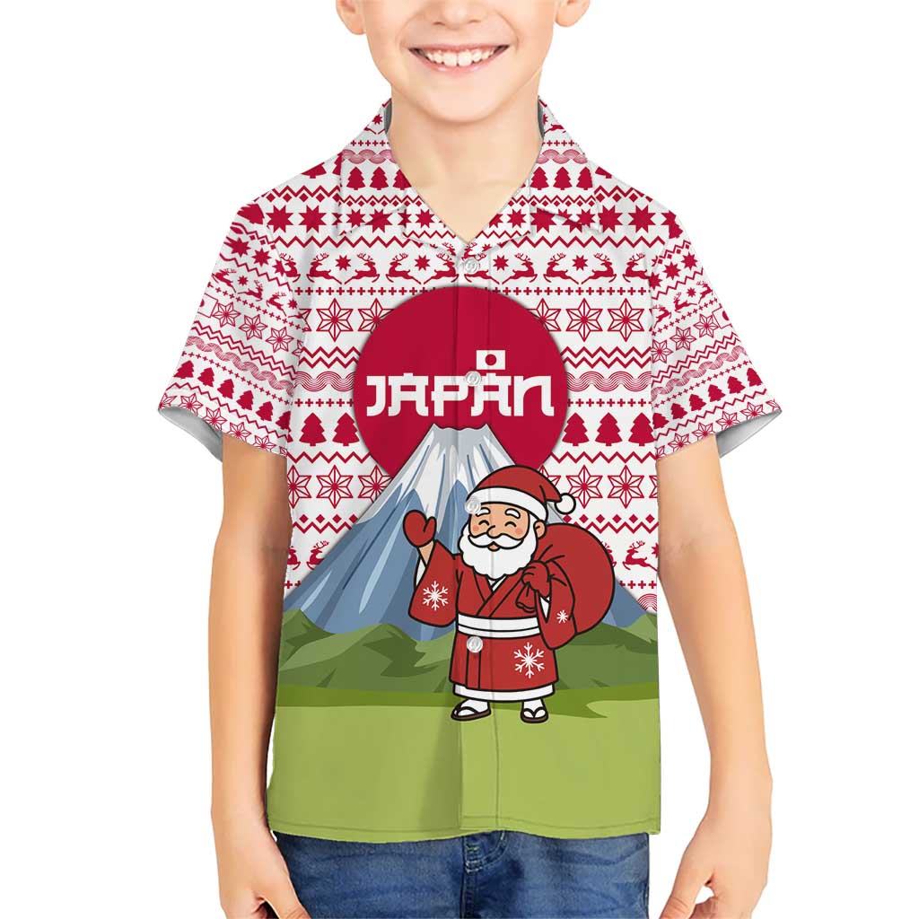 Japan Christmas Kid Hawaiian Shirt with Santa Mount Fuji Rising Sun and Festive Pattern Design - Wonder Print Shop