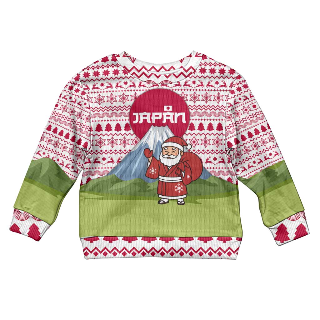 Japan Christmas Kid Ugly Christmas Sweater with Santa Mount Fuji Rising Sun and Festive Pattern Design - Wonder Print Shop