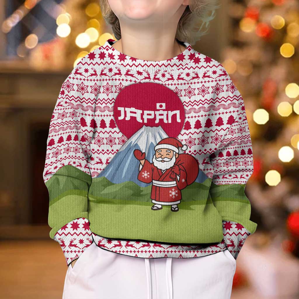 Japan Christmas Kid Ugly Christmas Sweater with Santa Mount Fuji Rising Sun and Festive Pattern Design - Wonder Print Shop