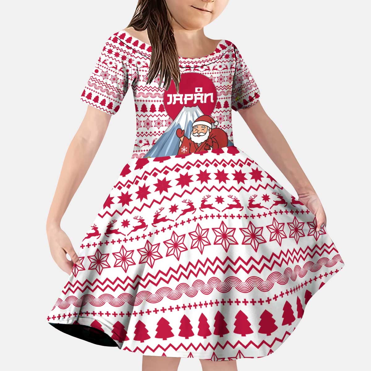 Japan Christmas Kid Short Sleeve Dress with Santa Mount Fuji Rising Sun and Festive Pattern Design - Wonder Print Shop