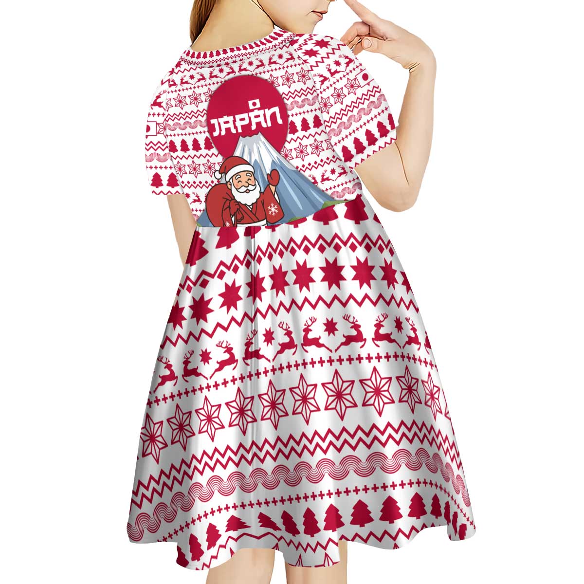 Japan Christmas Kid Short Sleeve Dress with Santa Mount Fuji Rising Sun and Festive Pattern Design - Wonder Print Shop