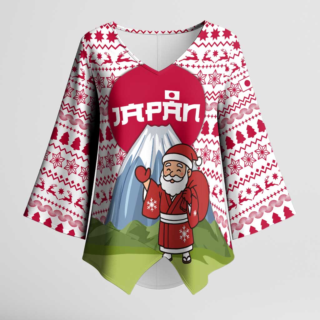 Japan Christmas Kimono Sleeve Blouse with Santa Mount Fuji Rising Sun and Festive Pattern Design - Wonder Print Shop