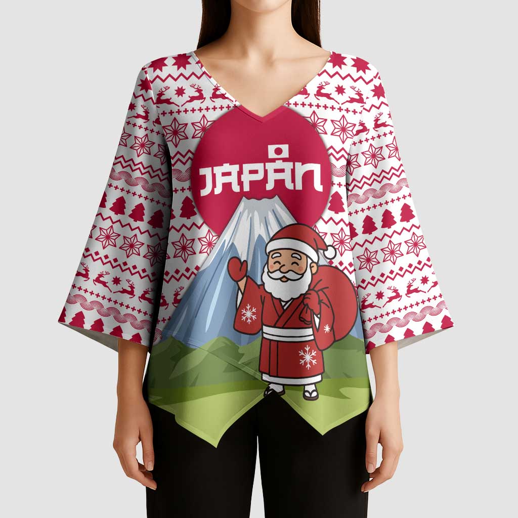 Japan Christmas Kimono Sleeve Blouse with Santa Mount Fuji Rising Sun and Festive Pattern Design - Wonder Print Shop