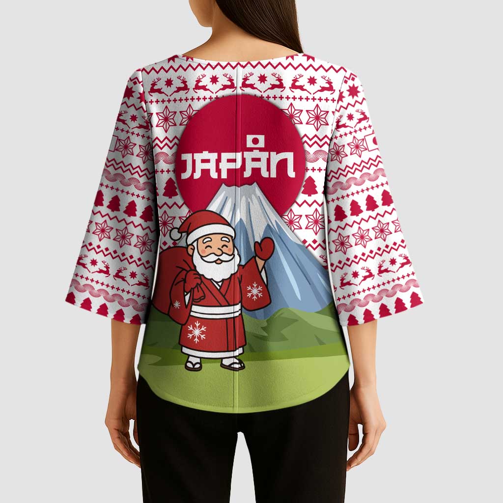 Japan Christmas Kimono Sleeve Blouse with Santa Mount Fuji Rising Sun and Festive Pattern Design - Wonder Print Shop