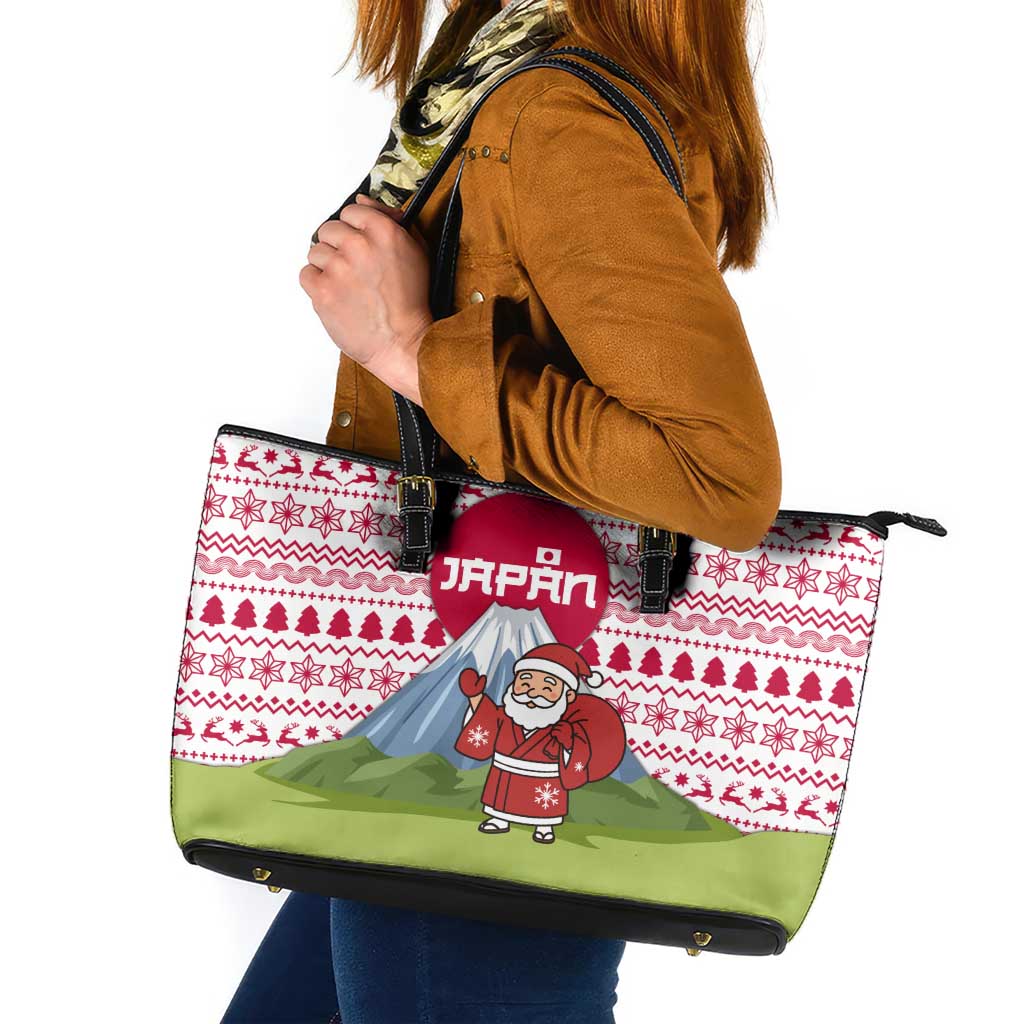 Japan Christmas Leather Tote Bag with Santa Mount Fuji Rising Sun and Festive Pattern Design - Wonder Print Shop
