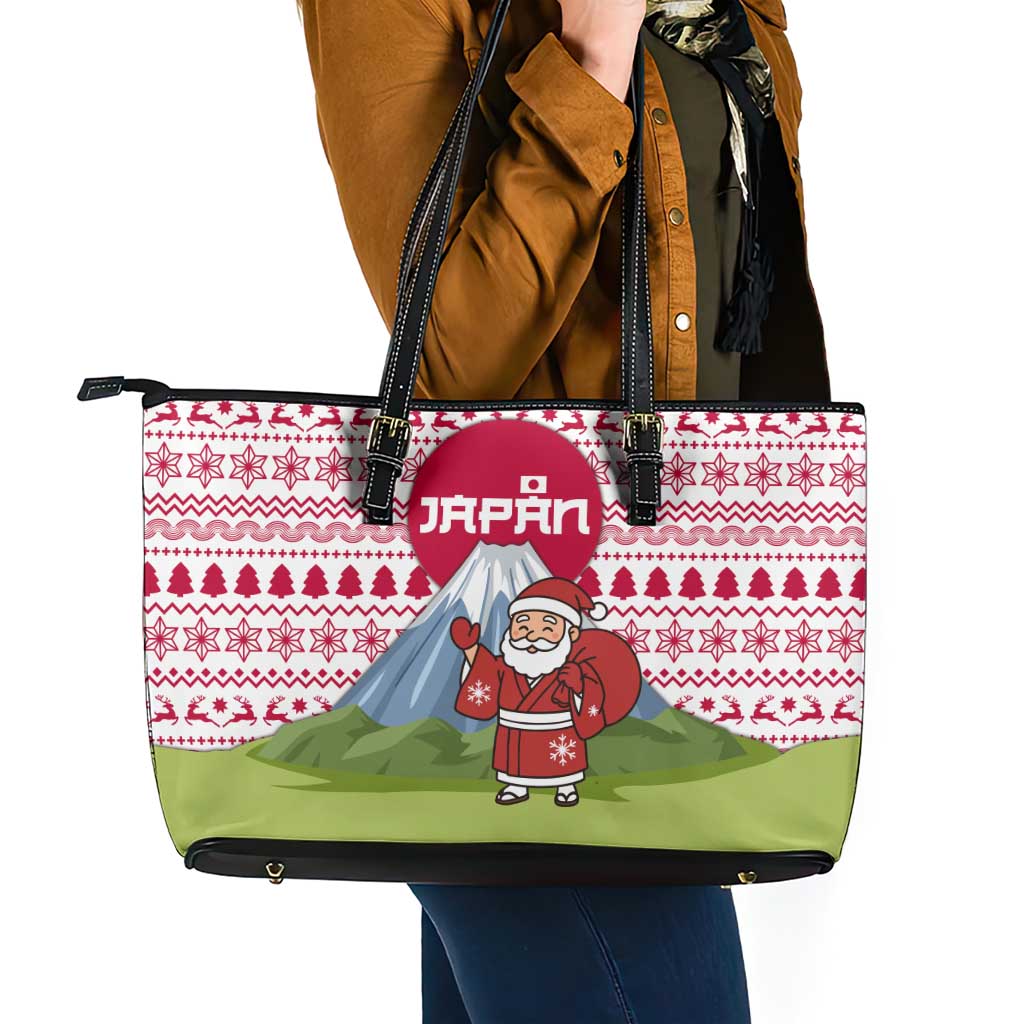 Japan Christmas Leather Tote Bag with Santa Mount Fuji Rising Sun and Festive Pattern Design - Wonder Print Shop