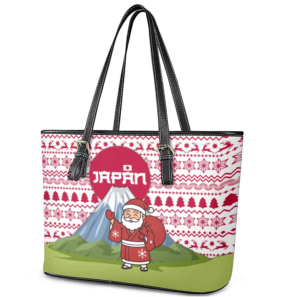 Japan Christmas Leather Tote Bag with Santa Mount Fuji Rising Sun and Festive Pattern Design - Wonder Print Shop