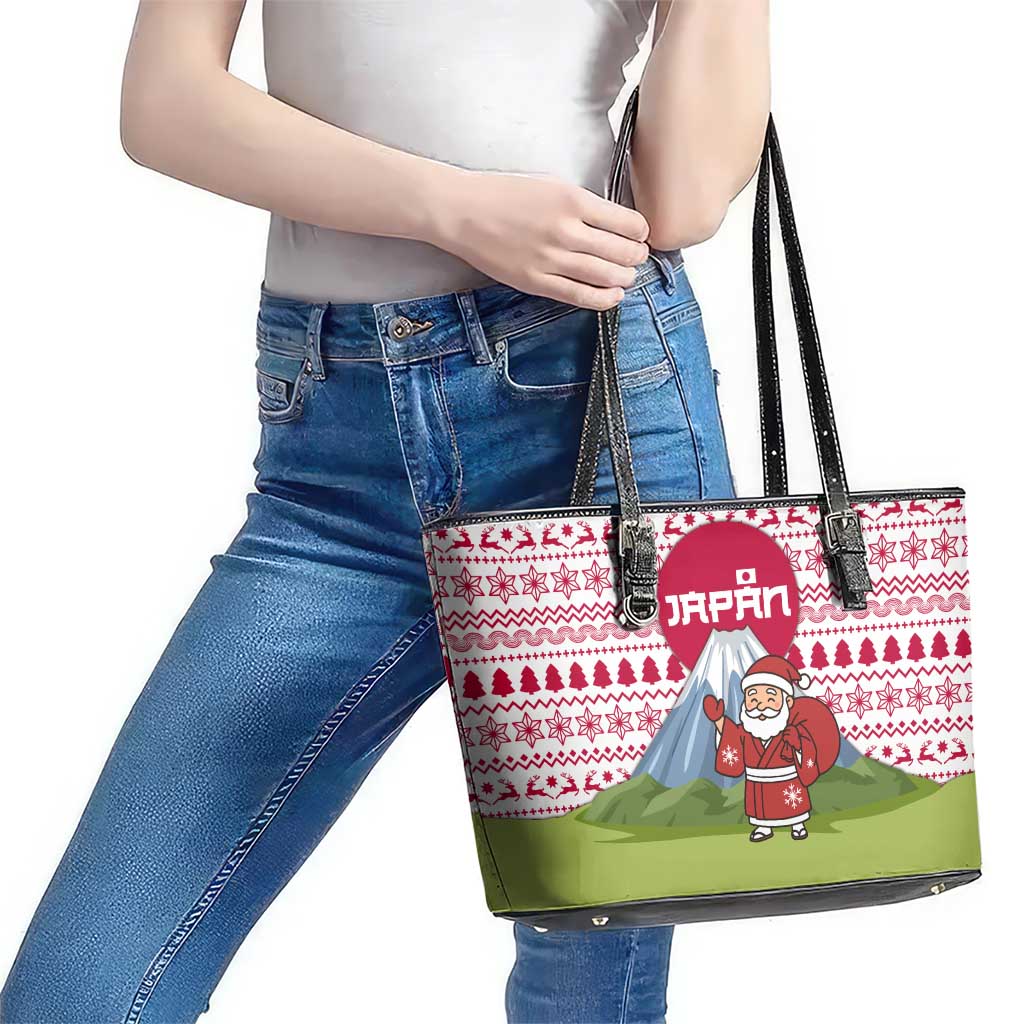 Japan Christmas Leather Tote Bag with Santa Mount Fuji Rising Sun and Festive Pattern Design - Wonder Print Shop
