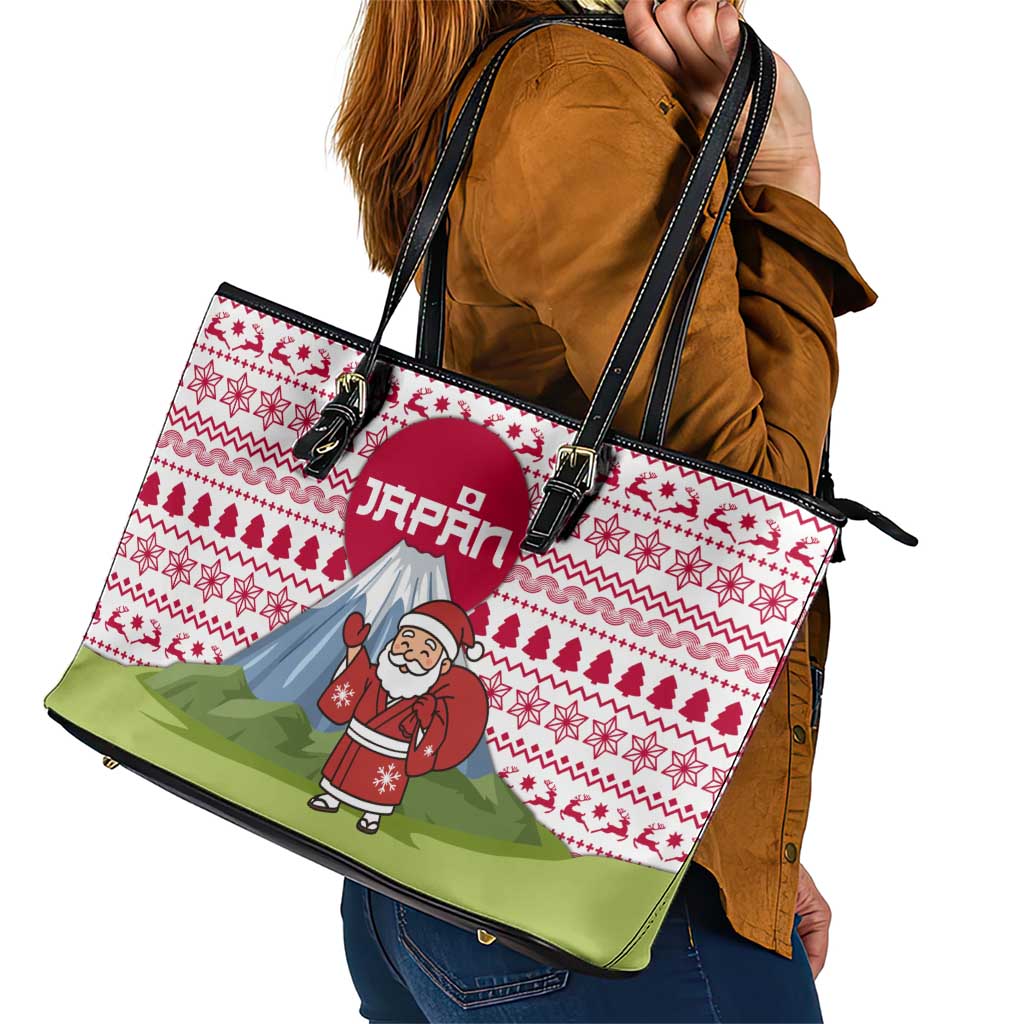 Japan Christmas Leather Tote Bag with Santa Mount Fuji Rising Sun and Festive Pattern Design - Wonder Print Shop
