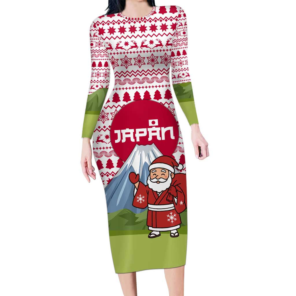Japan Christmas Long Sleeve Bodycon Dress with Santa Mount Fuji Rising Sun and Festive Pattern Design - Wonder Print Shop