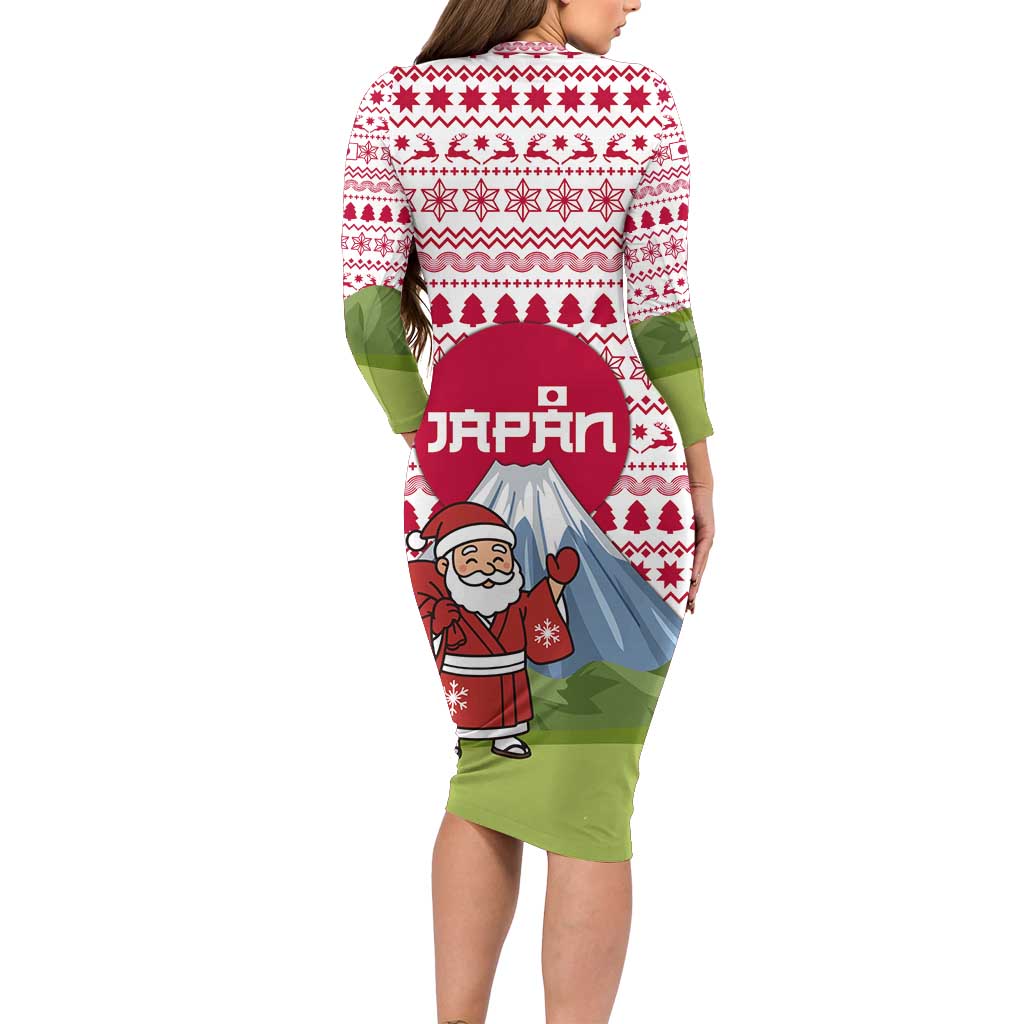 Japan Christmas Long Sleeve Bodycon Dress with Santa Mount Fuji Rising Sun and Festive Pattern Design - Wonder Print Shop