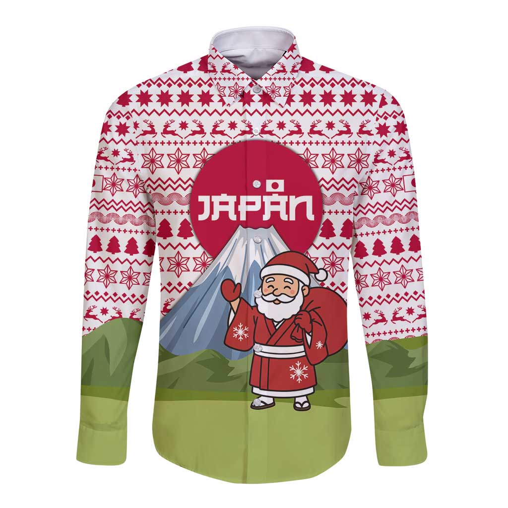 Japan Christmas Long Sleeve Button Shirt with Santa Mount Fuji Rising Sun and Festive Pattern Design - Wonder Print Shop