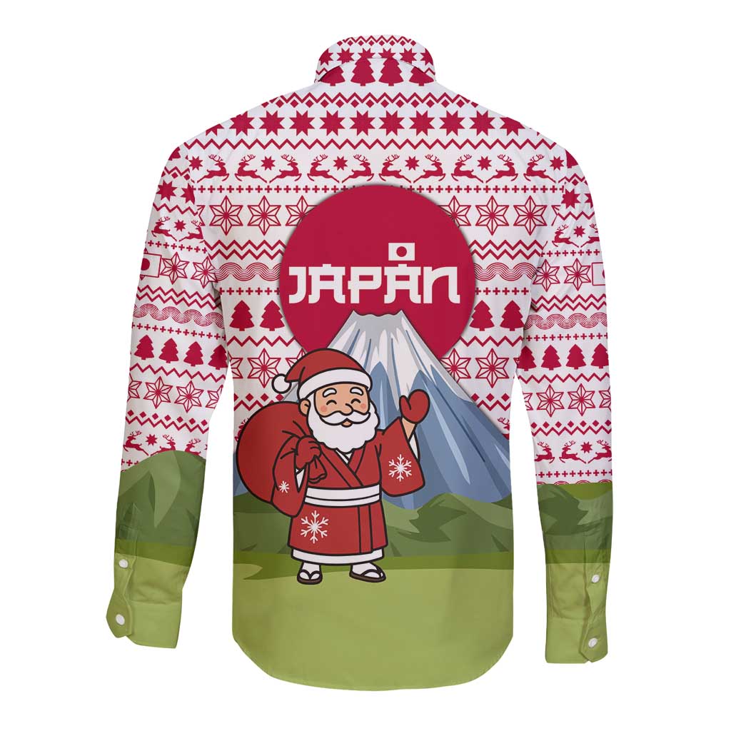 Japan Christmas Long Sleeve Button Shirt with Santa Mount Fuji Rising Sun and Festive Pattern Design - Wonder Print Shop