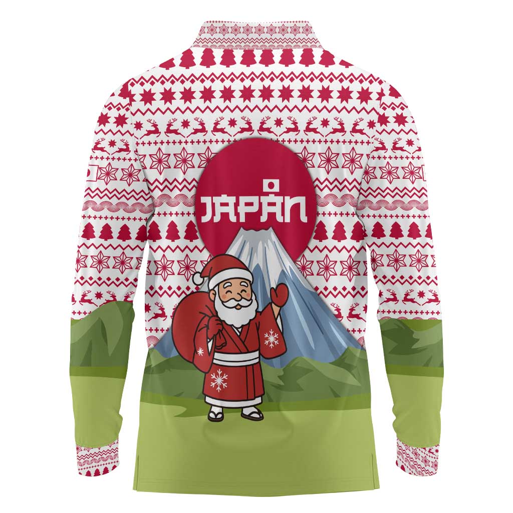 Japan Christmas Long Sleeve Polo Shirt with Santa Mount Fuji Rising Sun and Festive Pattern Design - Wonder Print Shop