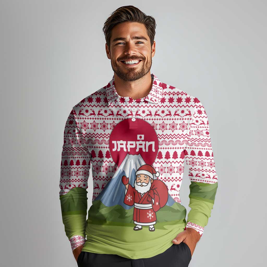 Japan Christmas Long Sleeve Polo Shirt with Santa Mount Fuji Rising Sun and Festive Pattern Design - Wonder Print Shop