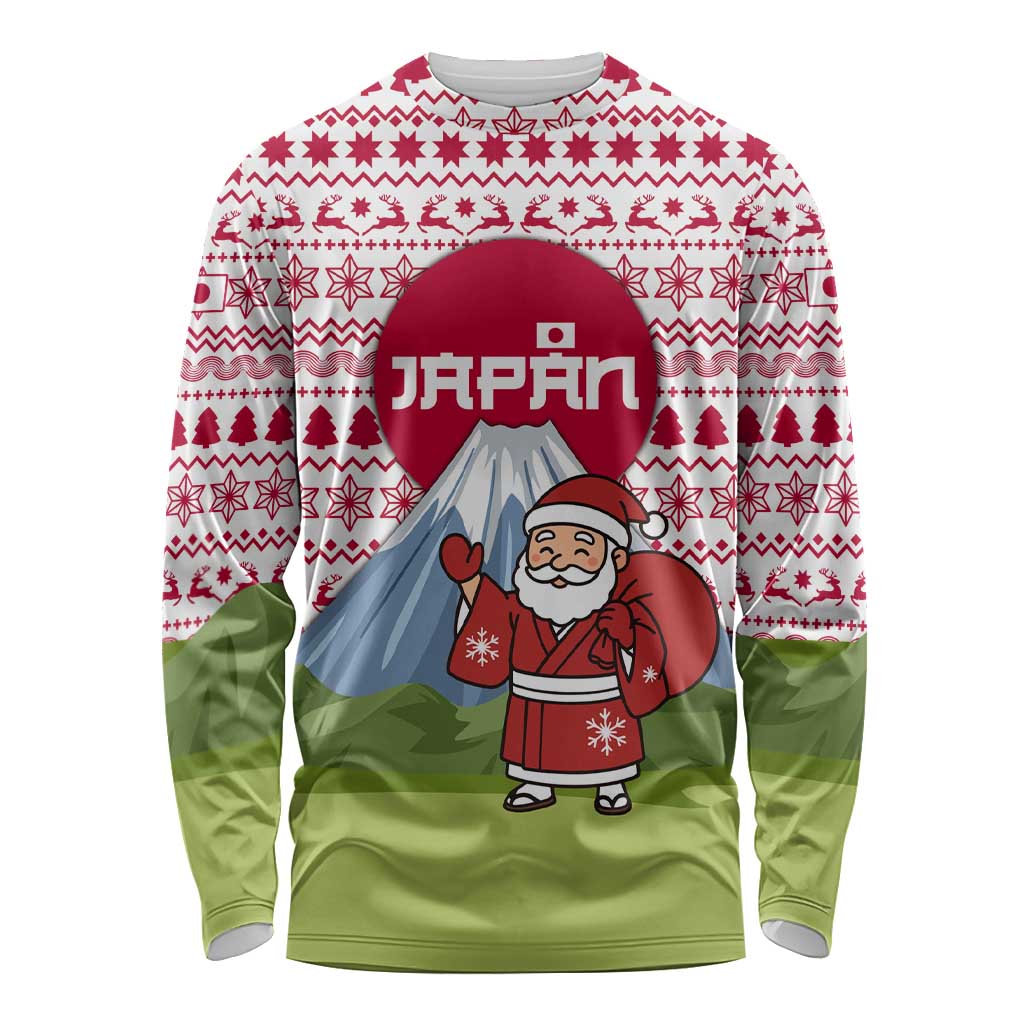 Japan Christmas Long Sleeve Shirt with Santa Mount Fuji Rising Sun and Festive Pattern Design - Wonder Print Shop