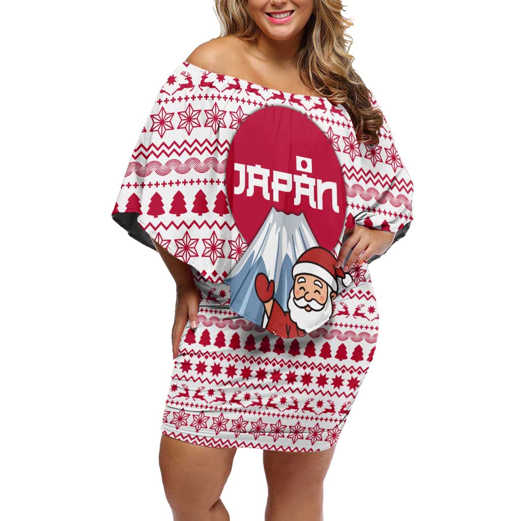 Japan Christmas Off Shoulder Short Dress with Santa Mount Fuji Rising Sun and Festive Pattern Design - Wonder Print Shop