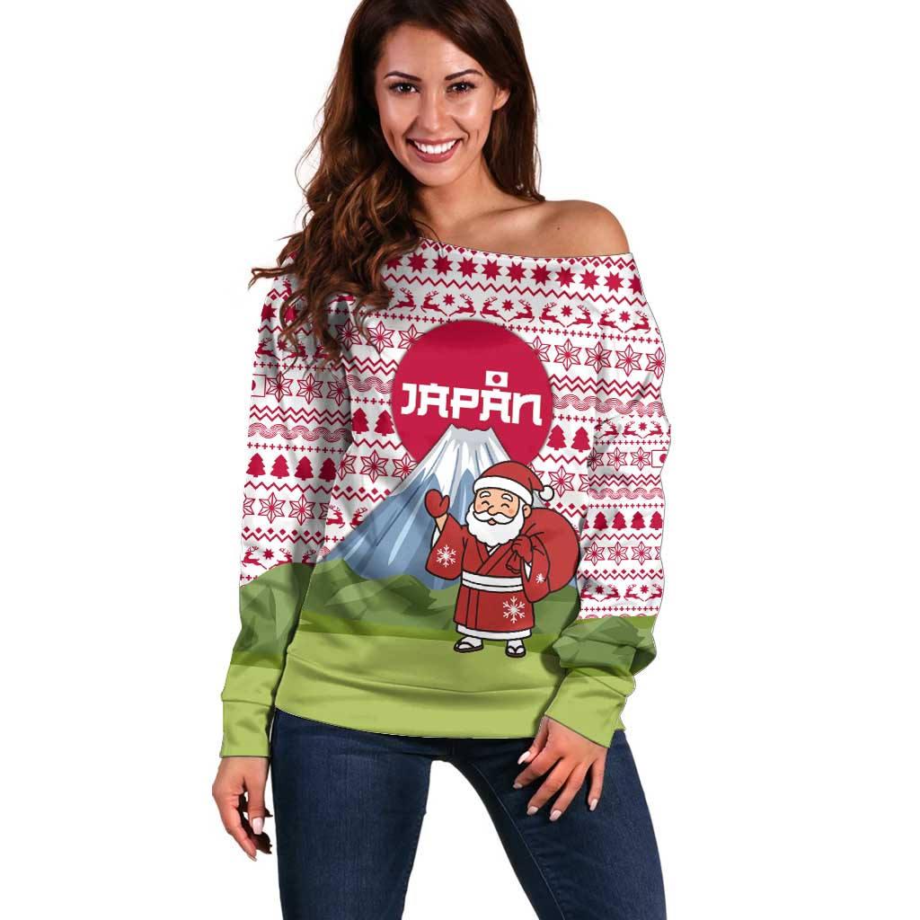 Japan Christmas Off Shoulder Sweater with Santa Mount Fuji Rising Sun and Festive Pattern Design - Wonder Print Shop