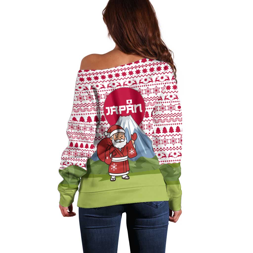 Japan Christmas Off Shoulder Sweater with Santa Mount Fuji Rising Sun and Festive Pattern Design - Wonder Print Shop