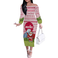 Japan Christmas Off The Shoulder Long Sleeve Dress with Santa Mount Fuji Rising Sun and Festive Pattern Design - Wonder Print Shop