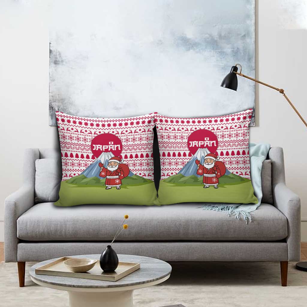 Japan Christmas Pillow Cover with Santa Mount Fuji Rising Sun and Festive Pattern Design - Wonder Print Shop