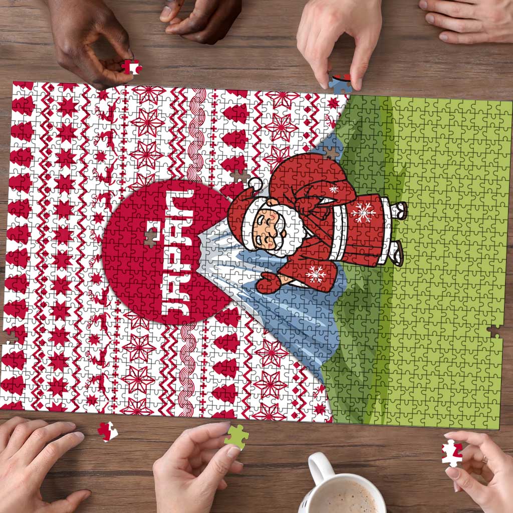 Japan Christmas Puzzle with Santa Mount Fuji Rising Sun and Festive Pattern Design - Wonder Print Shop