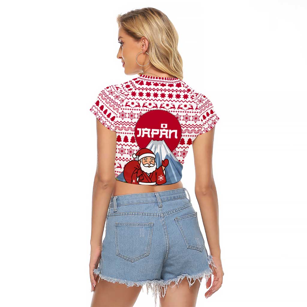 Japan Christmas Raglan Cropped T Shirt with Santa Mount Fuji Rising Sun and Festive Pattern Design - Wonder Print Shop