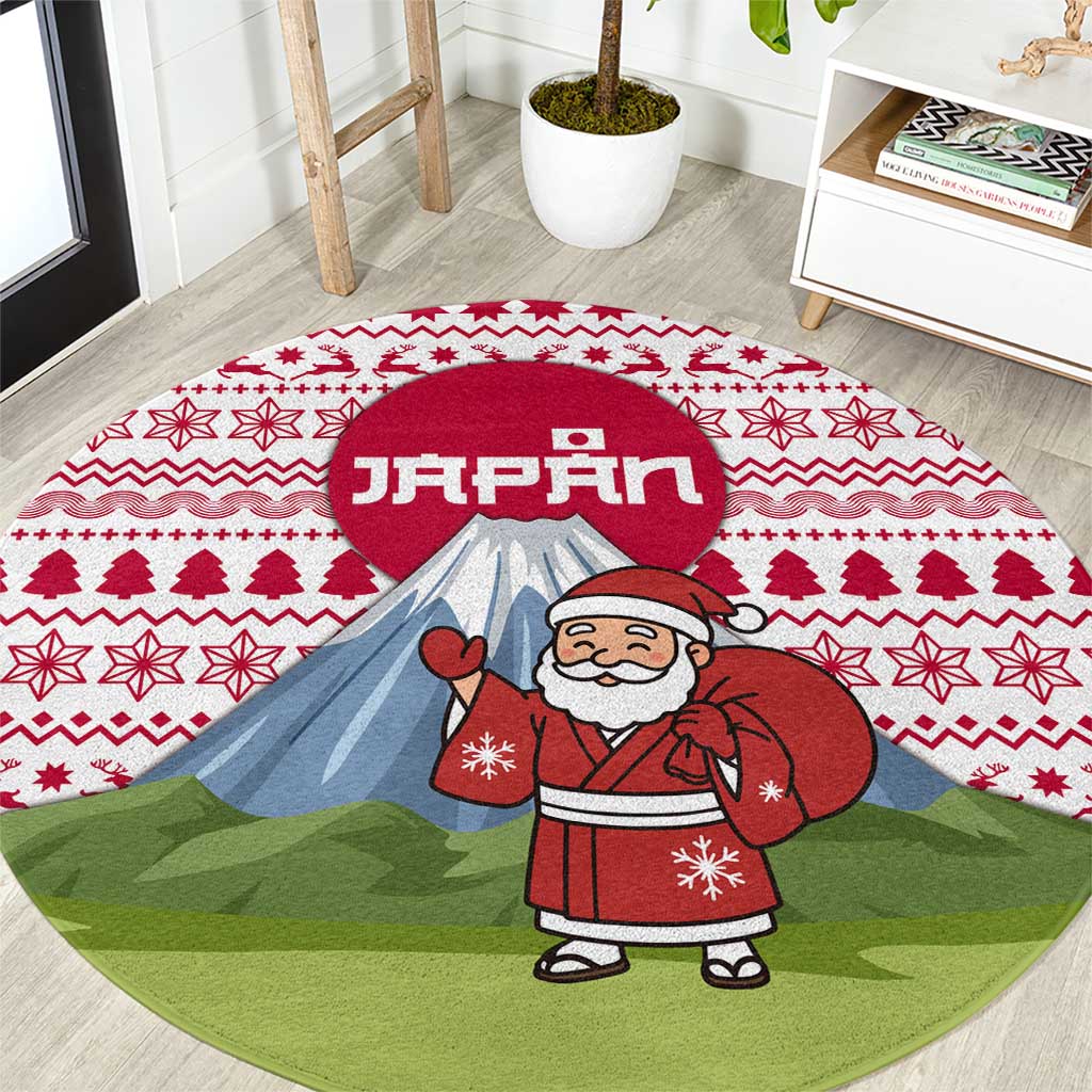 Japan Christmas Round Carpet with Santa Mount Fuji Rising Sun and Festive Pattern Design - Wonder Print Shop