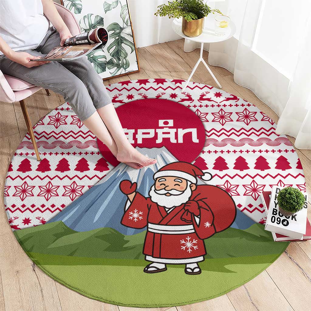 Japan Christmas Round Carpet with Santa Mount Fuji Rising Sun and Festive Pattern Design - Wonder Print Shop