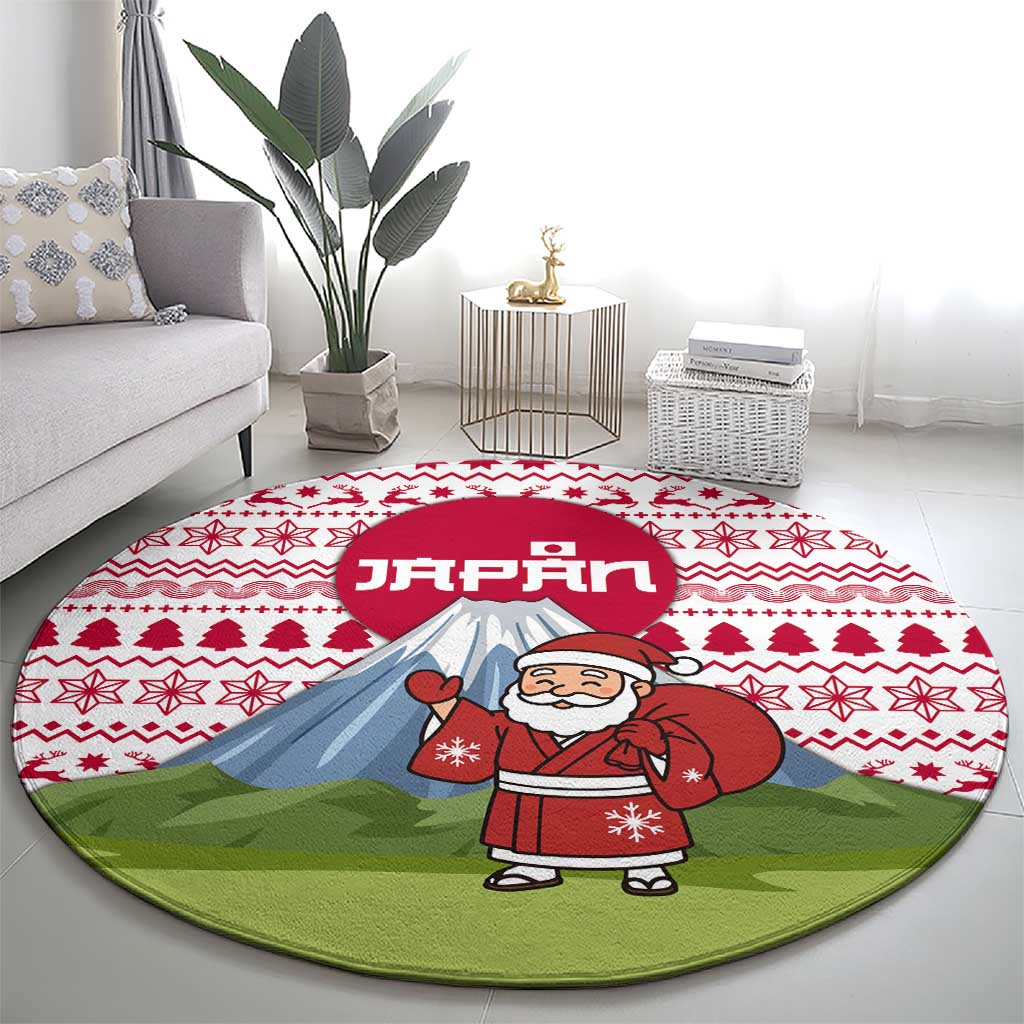 Japan Christmas Round Carpet with Santa Mount Fuji Rising Sun and Festive Pattern Design - Wonder Print Shop