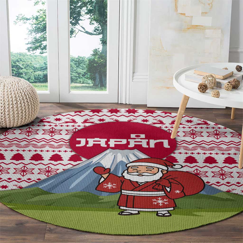 Japan Christmas Round Carpet with Santa Mount Fuji Rising Sun and Festive Pattern Design - Wonder Print Shop