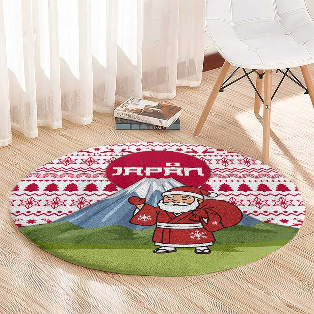 Japan Christmas Round Carpet with Santa Mount Fuji Rising Sun and Festive Pattern Design - Wonder Print Shop