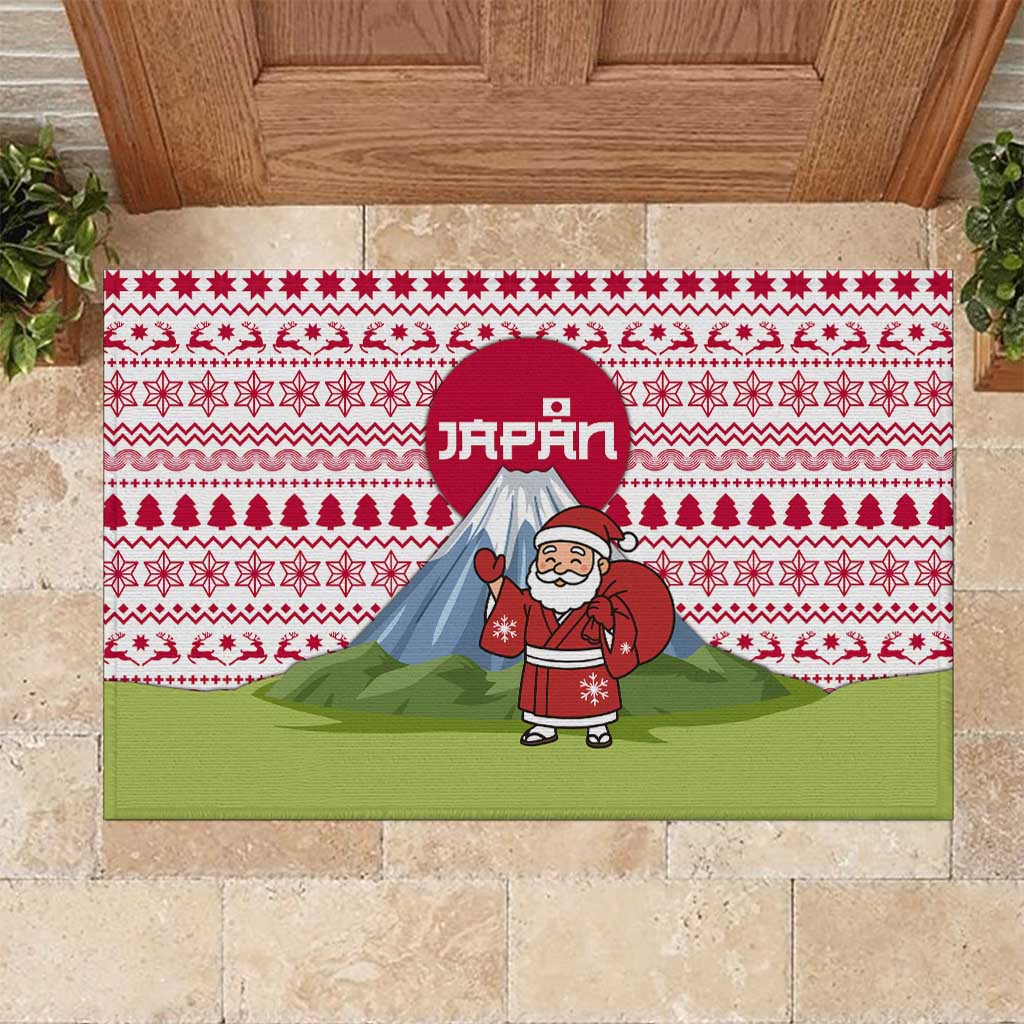 Japan Christmas Rubber Doormat with Santa Mount Fuji Rising Sun and Festive Pattern Design - Wonder Print Shop